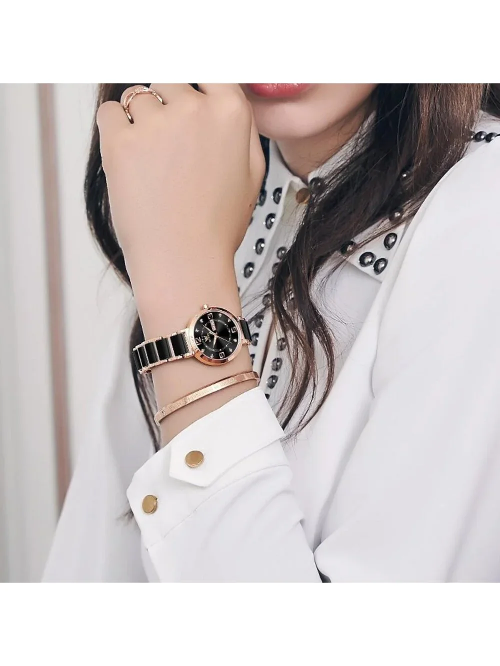 Women's Black-Leather Rose Gold Ceramic Two Tone Ladies  Watch Day Date Gift
